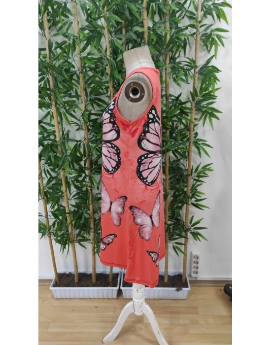 Kadın Askılı Yuvarlak Yaka Kelebek Desenli Süprem Elbise