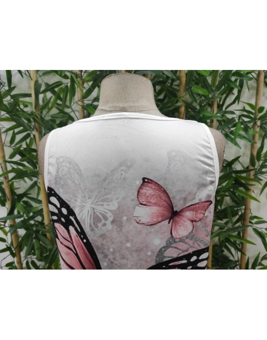 Kadın Askılı Yuvarlak Yaka Kelebek Desenli Süprem Elbise