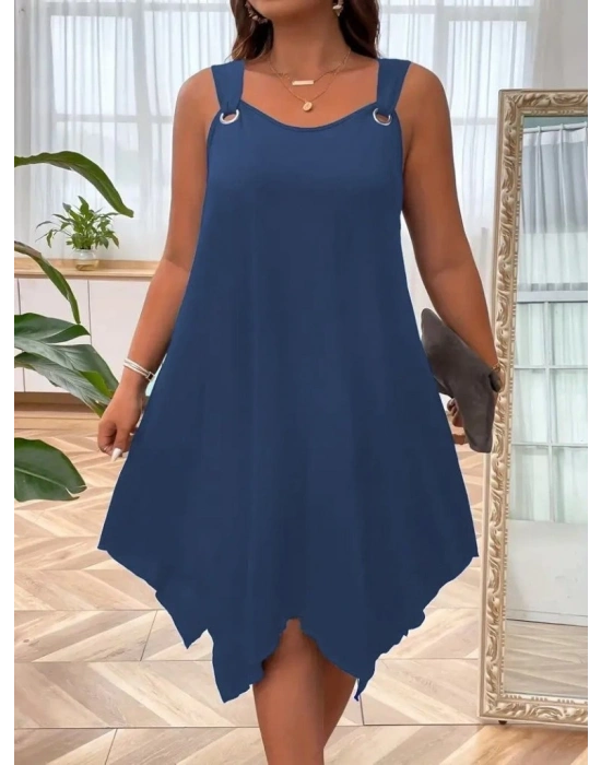 Kadın Askılı Yuvarlak Yaka Kuş Gözü Detaylı Asimetrik Viskon Elbise