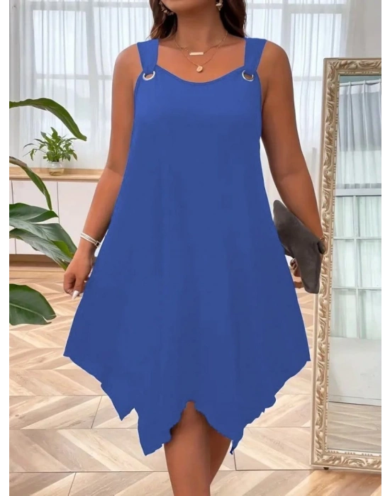 Kadın Askılı Yuvarlak Yaka Kuş Gözü Detaylı Asimetrik Viskon Elbise