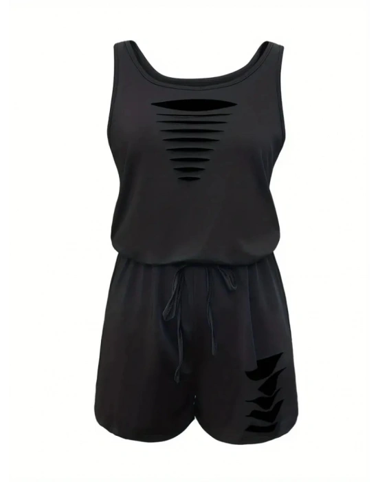 Kadın Askılı Yuvarlak Yaka Lazer Kesim Detaylı Bağcıklı Kısa Viskon Tulum