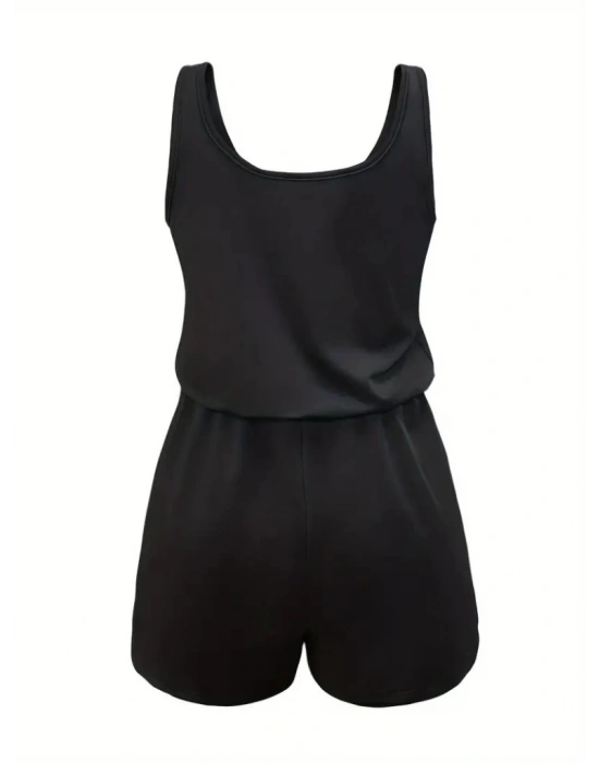 Kadın Askılı Yuvarlak Yaka Lazer Kesim Detaylı Bağcıklı Kısa Viskon Tulum