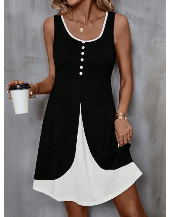 Kadın Askılı Yuvarlak Yaka önden Düğmeli çift Renkli Viskon Elbise