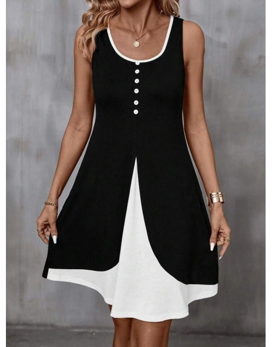 Kadın Askılı Yuvarlak Yaka önden Düğmeli çift Renkli Viskon Elbise