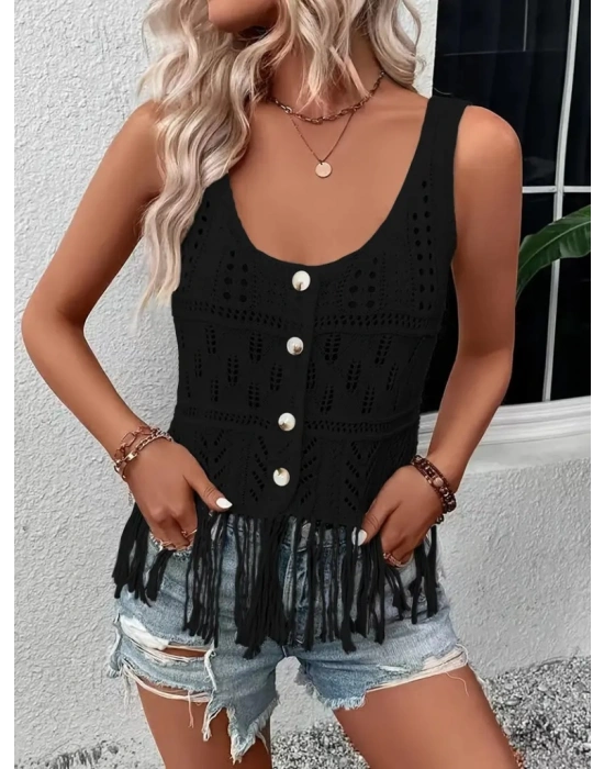 Kadın Askılı Yuvarlak Yaka önden Düğmelipüsküllü Triko Bluz