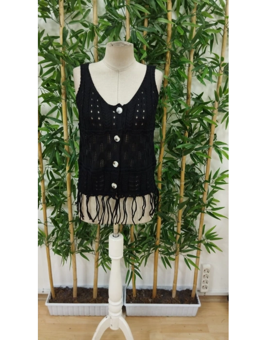 Kadın Askılı Yuvarlak Yaka önden Düğmelipüsküllü Triko Bluz