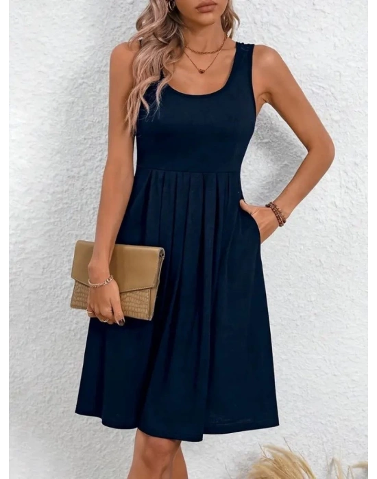 Kadın Askılı Yuvarlak Yaka önden Pileli Viskon Elbise