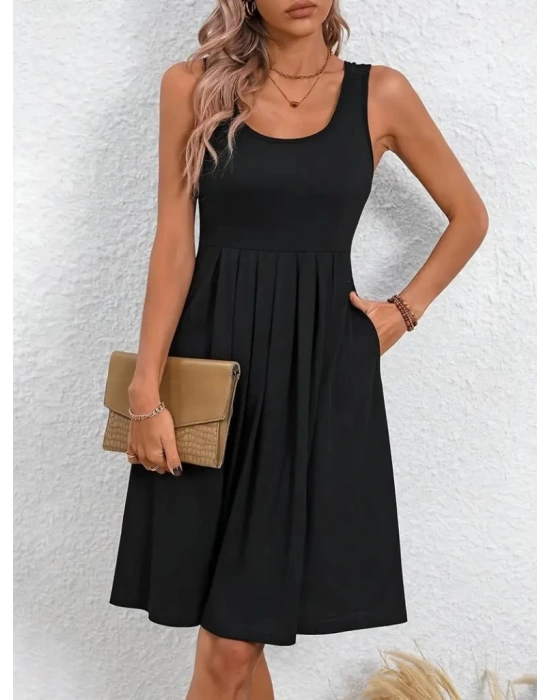 Kadın Askılı Yuvarlak Yaka önden Pileli Viskon Elbise