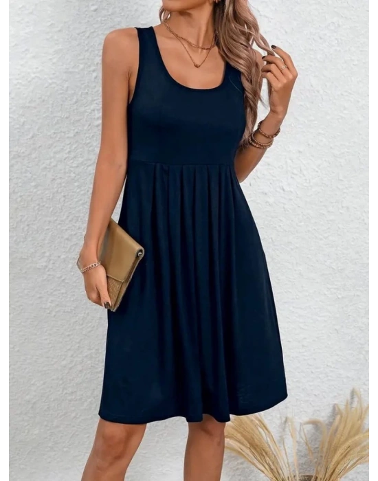 Kadın Askılı Yuvarlak Yaka önden Pileli Viskon Elbise