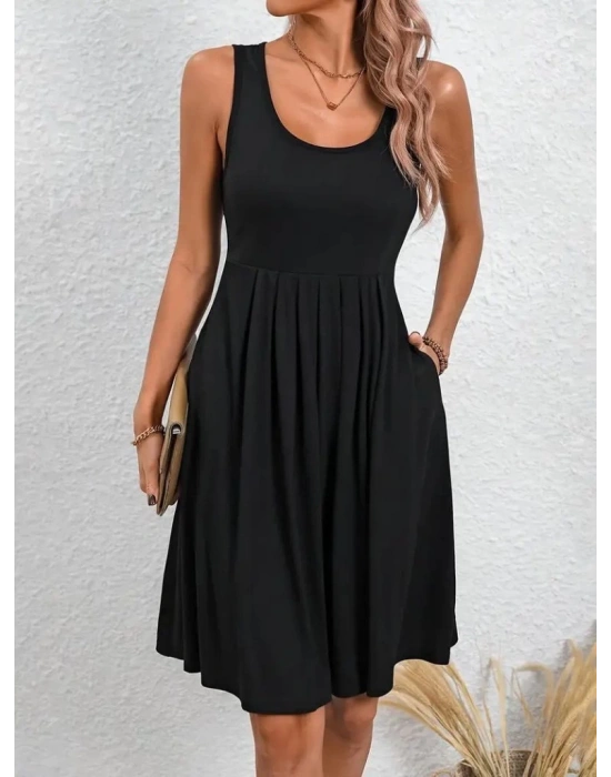 Kadın Askılı Yuvarlak Yaka önden Pileli Viskon Elbise