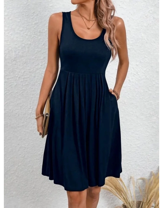 Kadın Askılı Yuvarlak Yaka önden Pileli Viskon Elbise