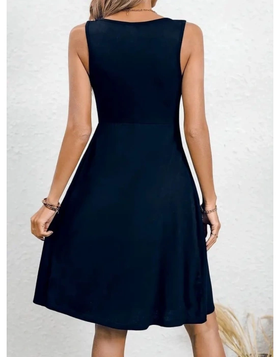 Kadın Askılı Yuvarlak Yaka önden Pileli Viskon Elbise