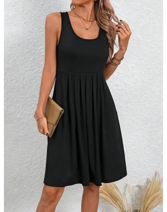 Kadın Askılı Yuvarlak Yaka önden Pileli Viskon Elbise