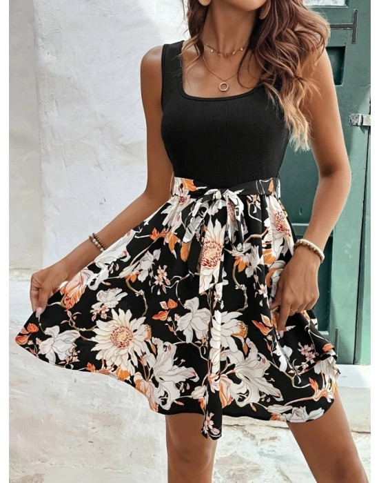 Kadın Askılı Yuvarlak Yaka üst Kaşkorse Alt Süprem Belden Kuşaklı Elbise