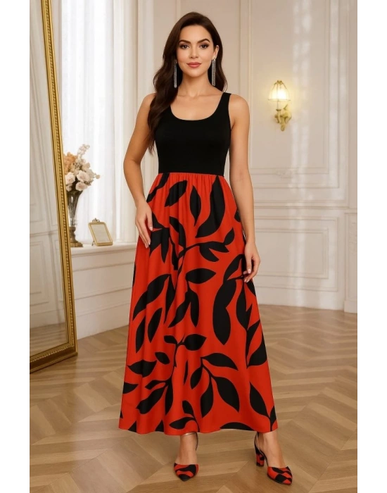 Kadın Askılı Yuvarlak Yaka üst Viskon Alt Desenli Uzun Süprem Elbise