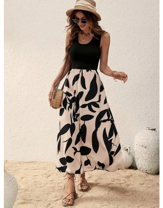 Kadın Askılı Yuvarlak Yaka üst Viskon Alt Desenli Uzun Süprem Elbise