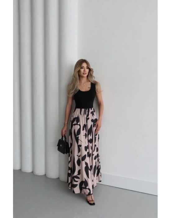 Kadın Askılı Yuvarlak Yaka üst Viskon Alt Desenli Uzun Süprem Elbise