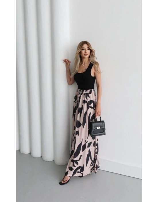 Kadın Askılı Yuvarlak Yaka üst Viskon Alt Desenli Uzun Süprem Elbise