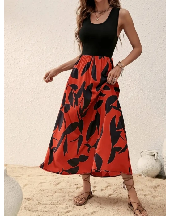 Kadın Askılı Yuvarlak Yaka üst Viskon Alt Desenli Uzun Süprem Elbise