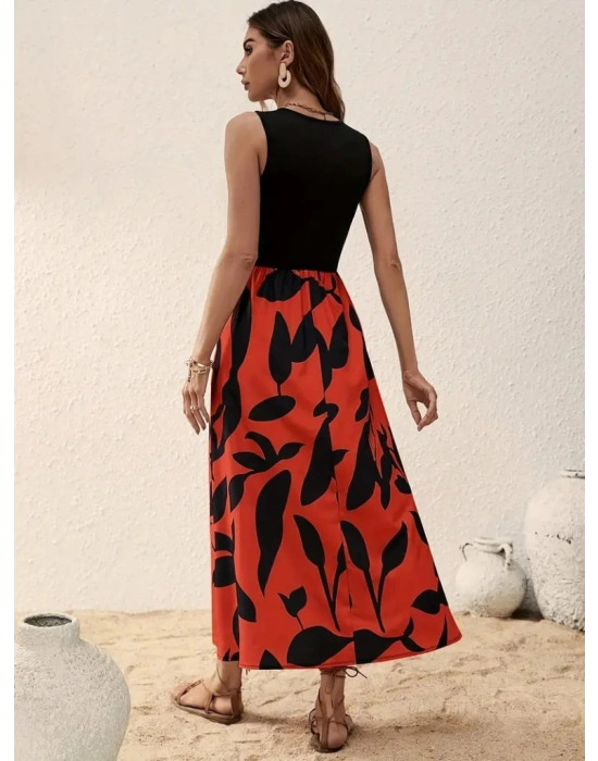 Kadın Askılı Yuvarlak Yaka üst Viskon Alt Desenli Uzun Süprem Elbise