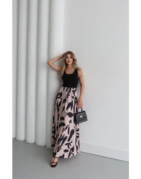 Kadın Askılı Yuvarlak Yaka üst Viskon Alt Desenli Uzun Süprem Elbise