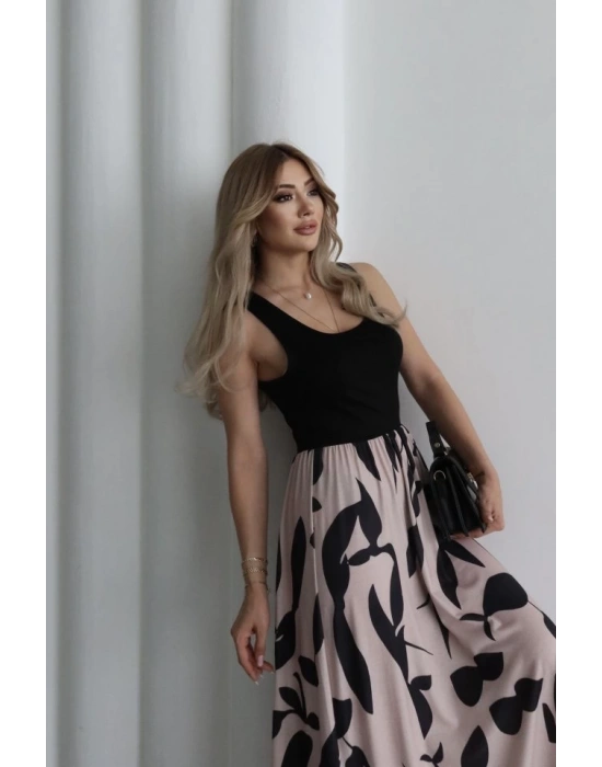 Kadın Askılı Yuvarlak Yaka üst Viskon Alt Desenli Uzun Süprem Elbise