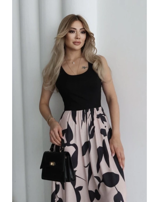 Kadın Askılı Yuvarlak Yaka üst Viskon Alt Desenli Uzun Süprem Elbise