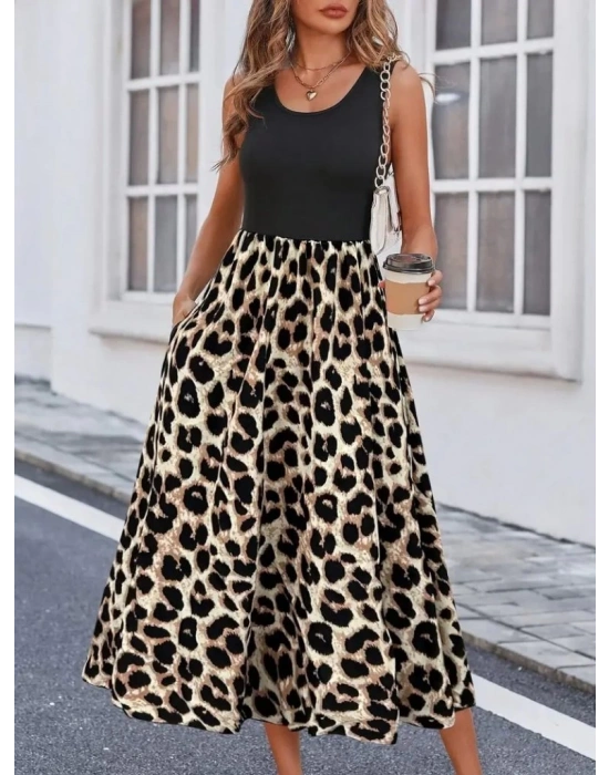 Kadın Askılı Yuvarlak Yaka üst Viskon Alt Leopar Desenli Süprem Uzun Elbise