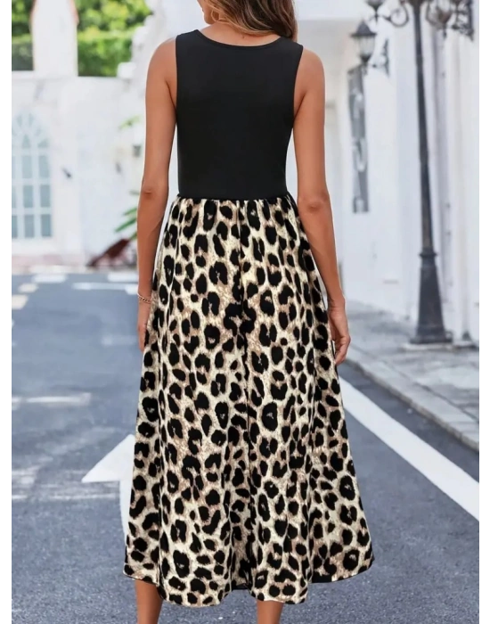 Kadın Askılı Yuvarlak Yaka üst Viskon Alt Leopar Desenli Süprem Uzun Elbise