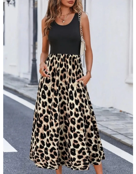 Kadın Askılı Yuvarlak Yaka üst Viskon Alt Leopar Desenli Süprem Uzun Elbise