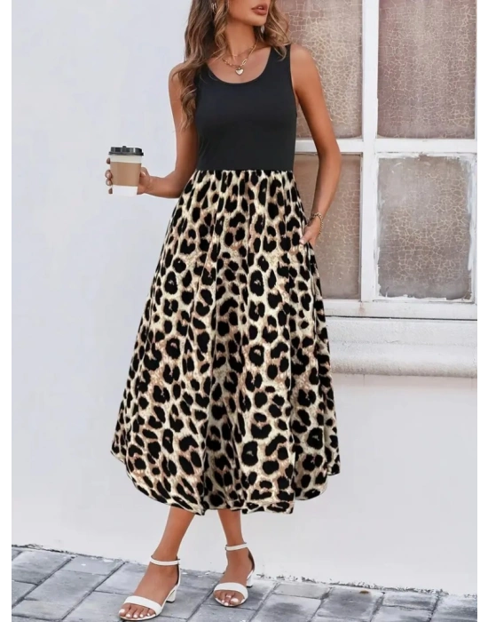 Kadın Askılı Yuvarlak Yaka üst Viskon Alt Leopar Desenli Süprem Uzun Elbise