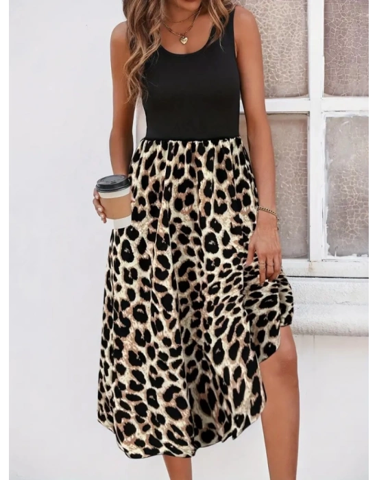 Kadın Askılı Yuvarlak Yaka üst Viskon Alt Leopar Desenli Süprem Uzun Elbise