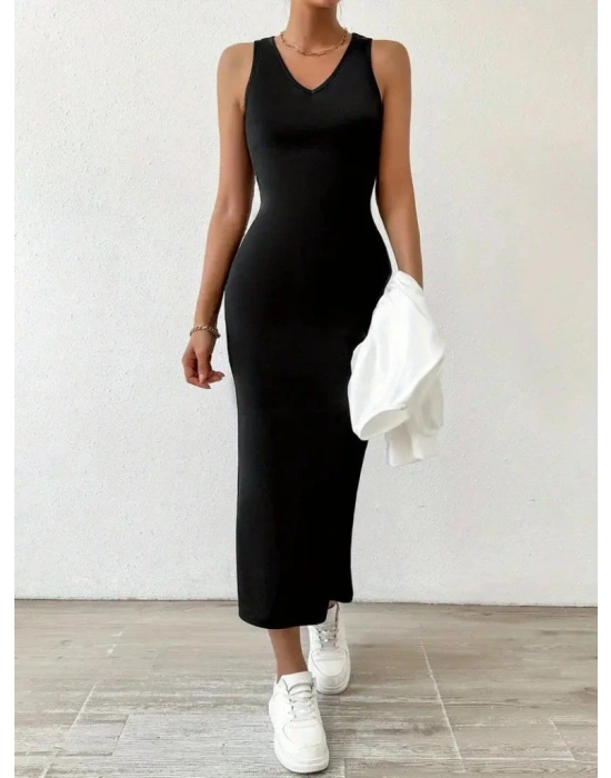 Kadın Askılı Yuvarlak Yaka Viskon Iki Iplik Elbise Ve V Yakalı Bluz Ikili Takım