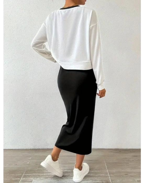 Kadın Askılı Yuvarlak Yaka Viskon Iki Iplik Elbise Ve V Yakalı Bluz Ikili Takım