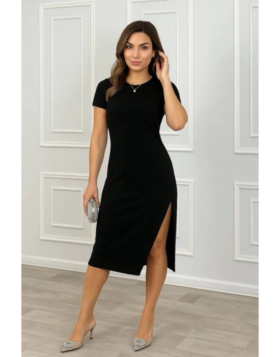 Kadın Askılı Yuvarlak Yaka Yandan Yırtmaç Ve Büzgü Detaylı Janjan Krep Elbise