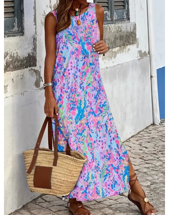 Kadın Askılı Yuvarlak Yaka Yandan Yırtmaçlı Uzun Süprem Elbise