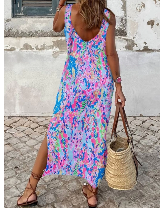 Kadın Askılı Yuvarlak Yaka Yandan Yırtmaçlı Uzun Süprem Elbise