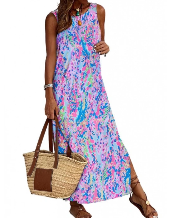 Kadın Askılı Yuvarlak Yaka Yandan Yırtmaçlı Uzun Süprem Elbise