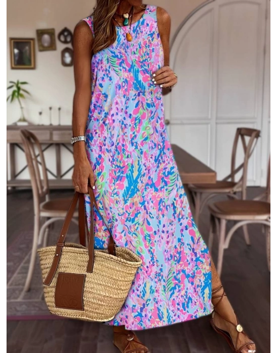 Kadın Askılı Yuvarlak Yaka Yandan Yırtmaçlı Uzun Süprem Elbise