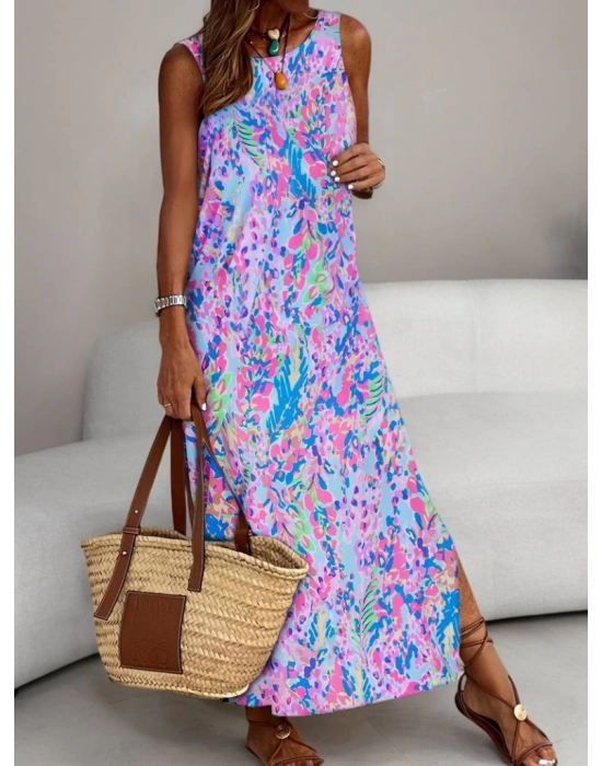 Kadın Askılı Yuvarlak Yaka Yandan Yırtmaçlı Uzun Süprem Elbise