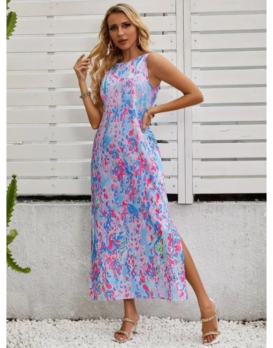 Kadın Askılı Yuvarlak Yaka Yandan Yırtmaçlı Uzun Süprem Elbise