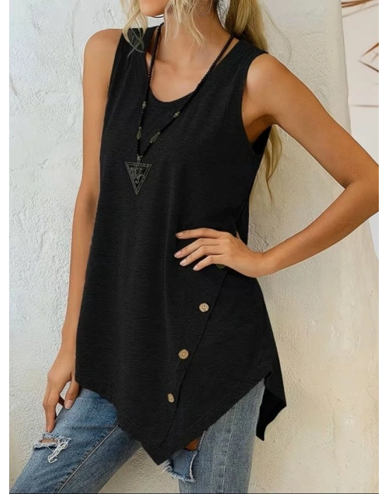 Kadın Askılı Yuvarlak Yakalı Asimetrik Kesim Detaylı Viskon Bluz