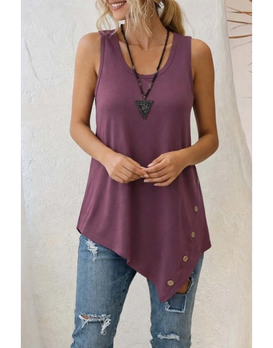 Kadın Askılı Yuvarlak Yakalı Asimetrik Kesim Detaylı Viskon Bluz