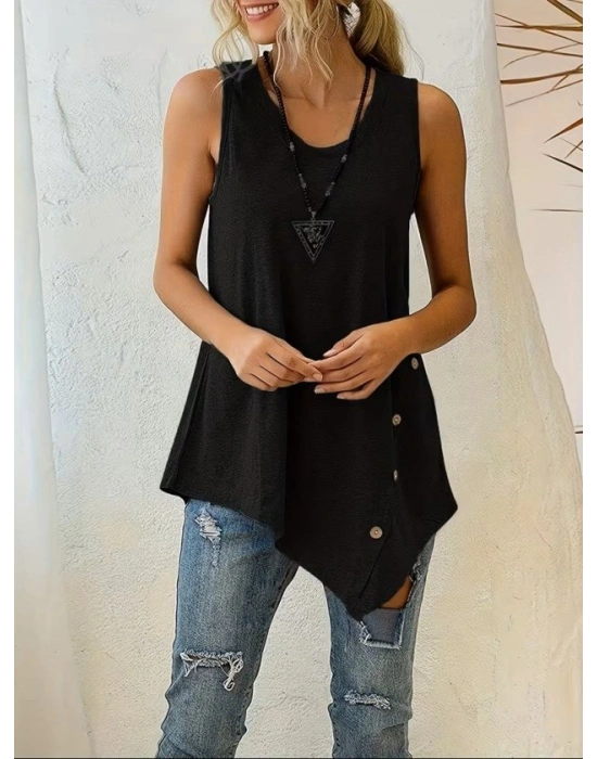 Kadın Askılı Yuvarlak Yakalı Asimetrik Kesim Detaylı Viskon Bluz