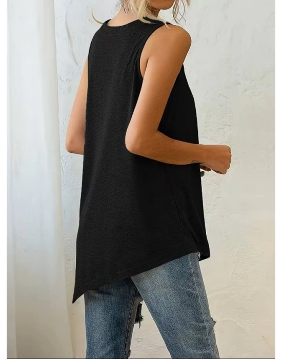 Kadın Askılı Yuvarlak Yakalı Asimetrik Kesim Detaylı Viskon Bluz