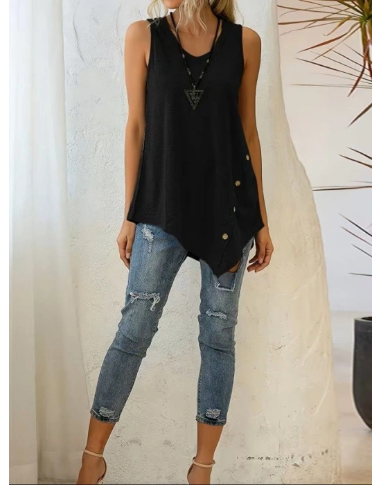 Kadın Askılı Yuvarlak Yakalı Asimetrik Kesim Detaylı Viskon Bluz