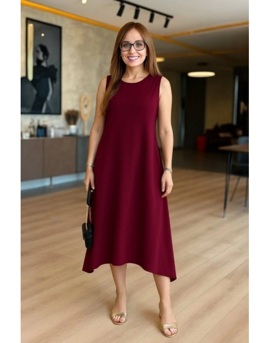 Kadın Askılı Yuvarlak Yakalı Asimetrik Kesim Detaylı Viskon Elbise