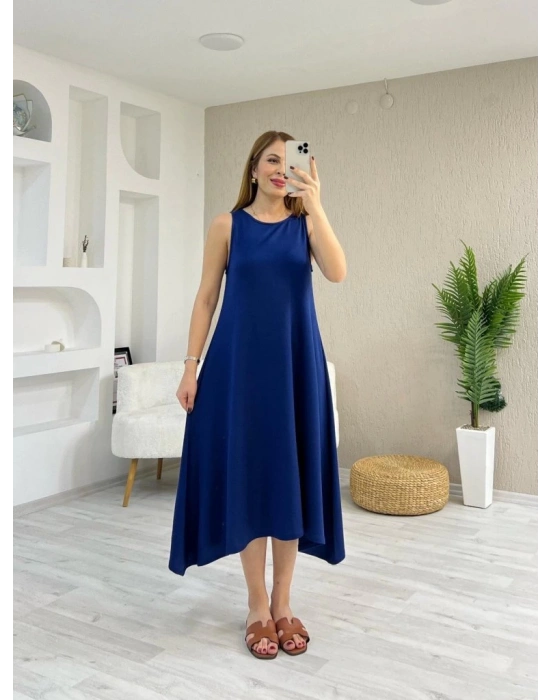 Kadın Askılı Yuvarlak Yakalı Asimetrik Kesim Detaylı Viskon Elbise