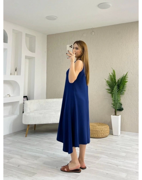 Kadın Askılı Yuvarlak Yakalı Asimetrik Kesim Detaylı Viskon Elbise