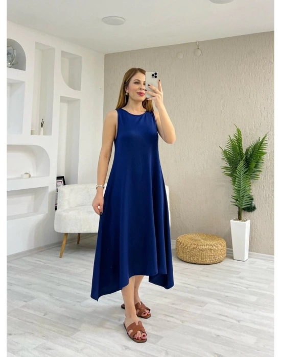 Kadın Askılı Yuvarlak Yakalı Asimetrik Kesim Detaylı Viskon Elbise